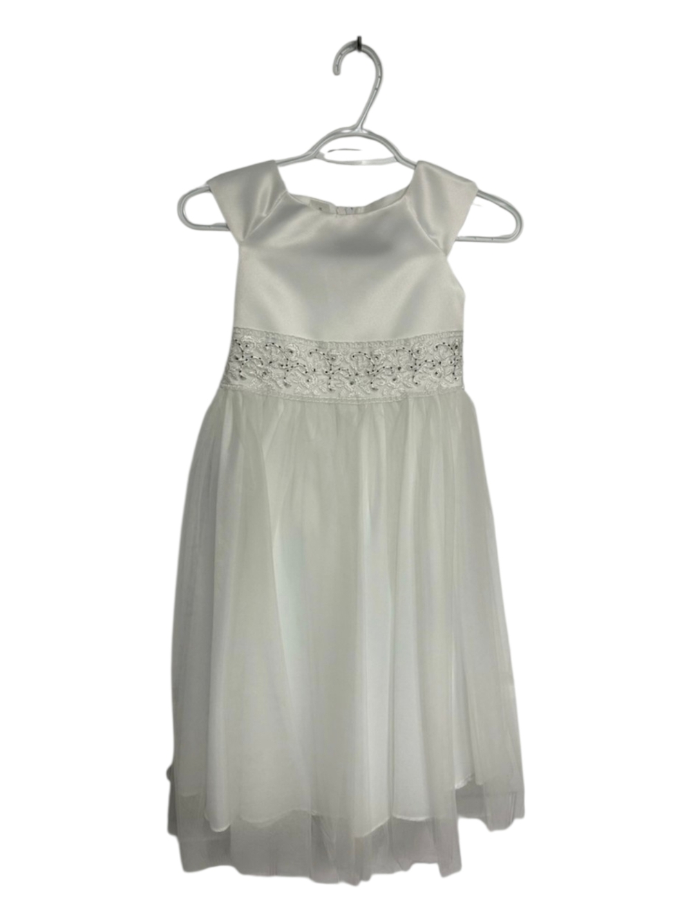 White Girls Dress with Beaded Waist, Tulle Bottom, Sz8